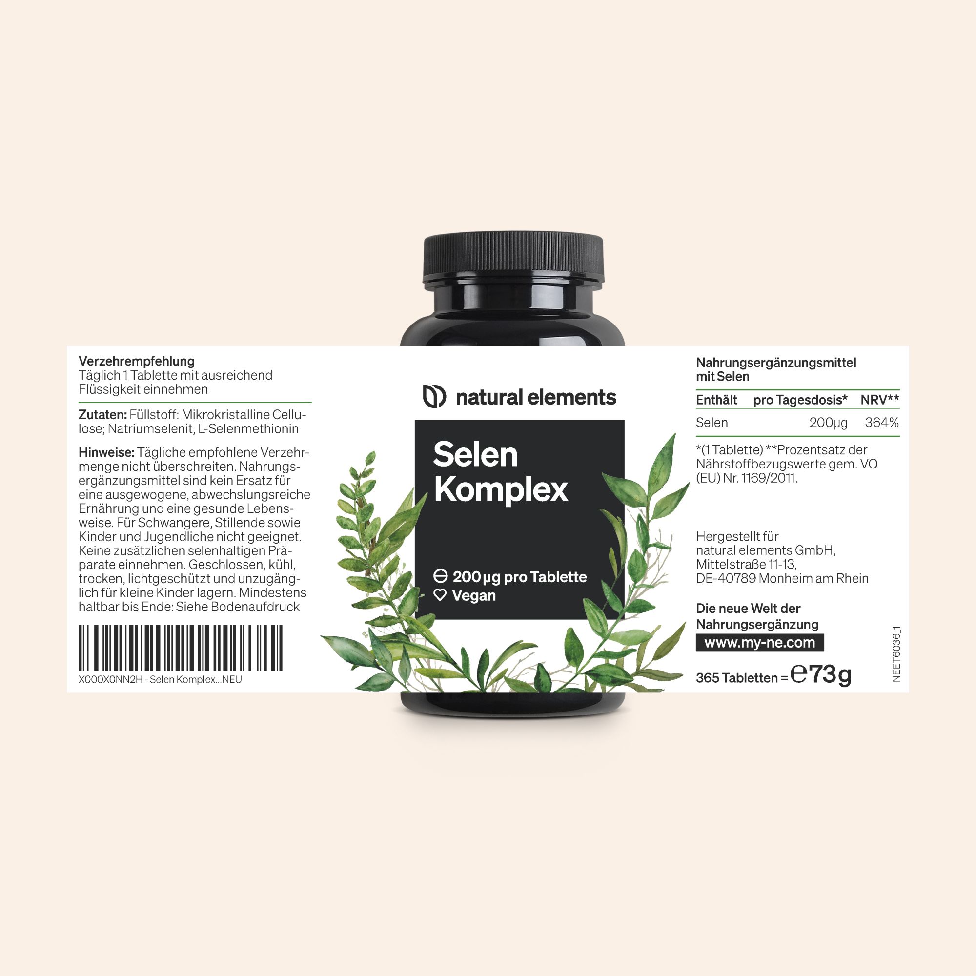 Etikett einer Flasche mit Produktinformationen. Aufschrift: Selen Komplex, 200µg pro Tablette, Vegan. 365 Tabletten.