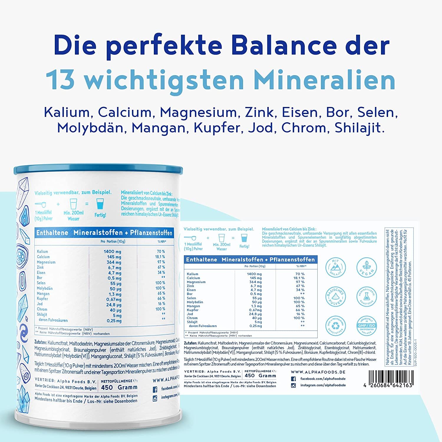 Produktgebinde und Etikett mit Nährwertangaben. Aufschrift: Die perfekte Balance der 13 wichtigsten Mineralien. Enthält Mineralstoffe + Pflanzenstoffe.