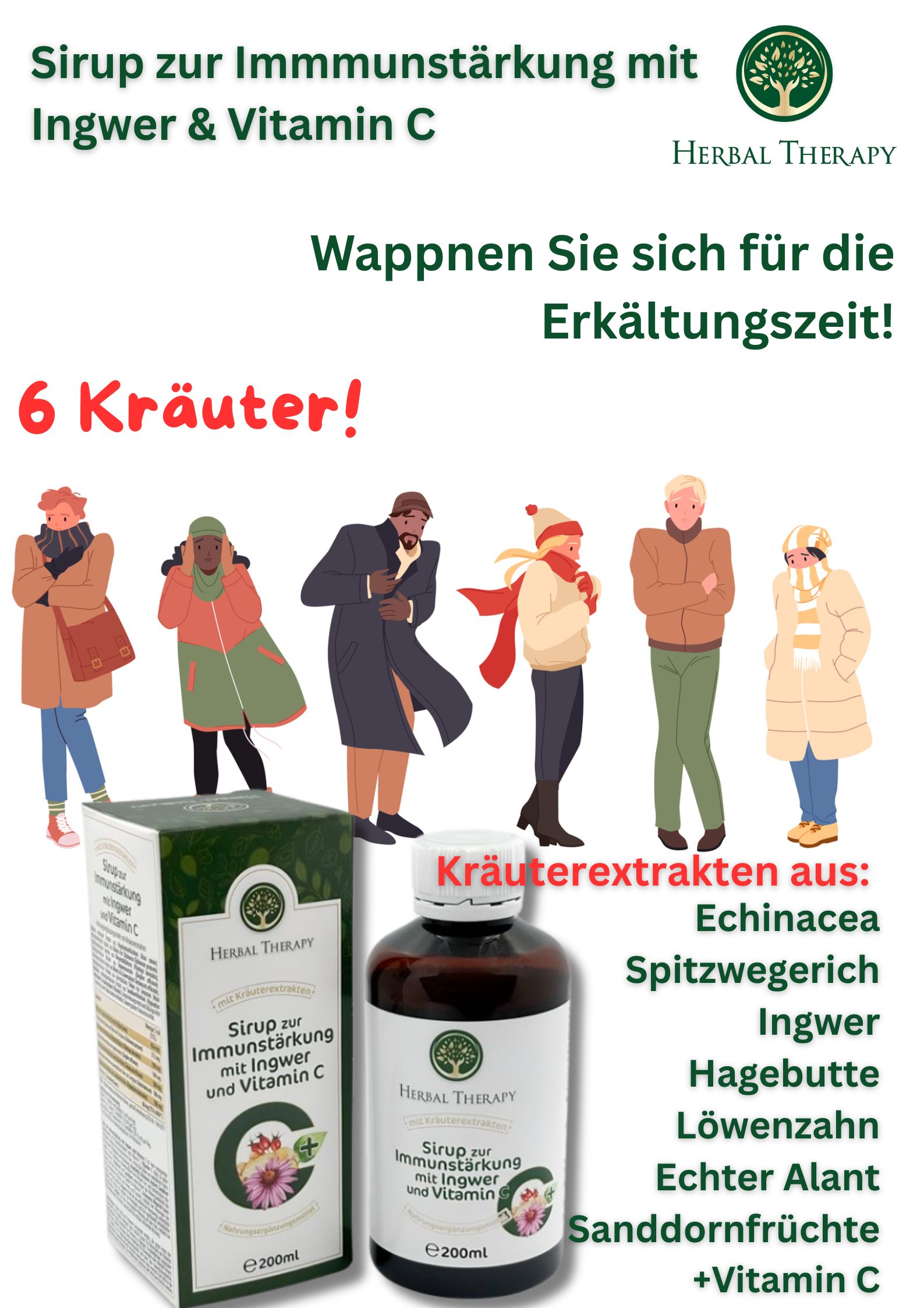 Werbebild. Flasche und Schachtel. Text: Sirup zur Immunstärkung mit Ingwer & Vitamin C. 6 Kräuter! Illustrationen.