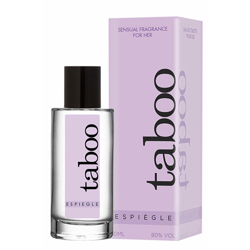 Parfümflasche und Verpackung. Flasche mit schwarzem Deckel, lila Etikett mit "taboo". Verpackung mit "taboo" und "ESPIEGLE".