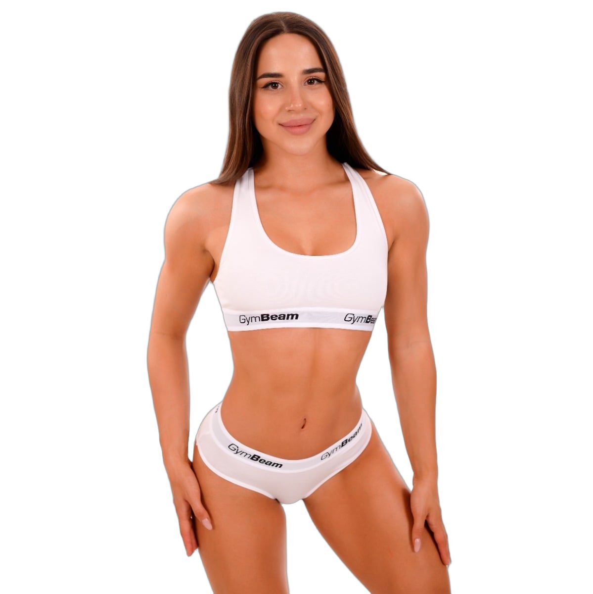Frau in weißem Sport-BH und weißen Slips mit GymBeam-Logo. Klassischer Schnitt.