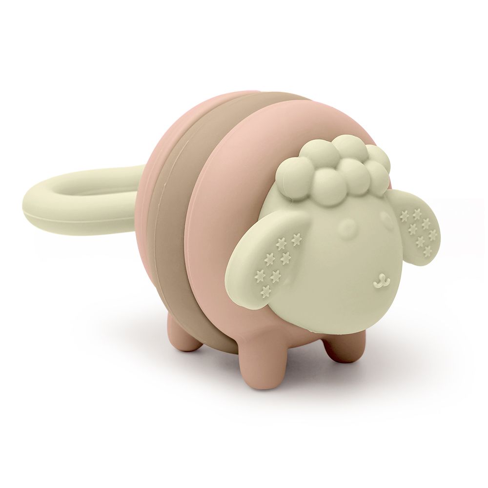 Ein Beißring in Schaf-Form mit einem Griff.