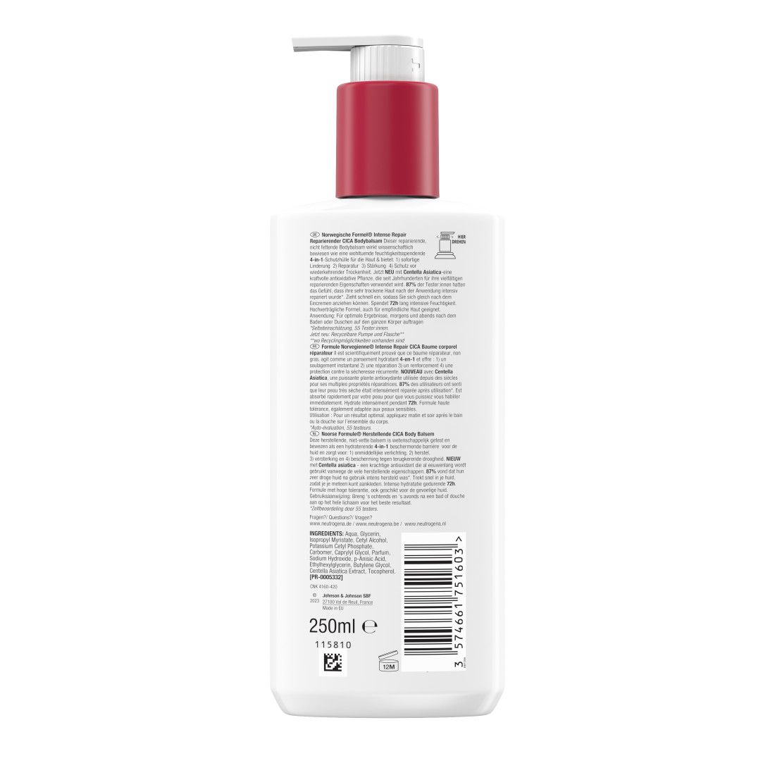 Rückseite einer weißen Flasche mit rotem Pumpkopf. Text in mehreren Sprachen. Volumen: 250ml. Barcode.