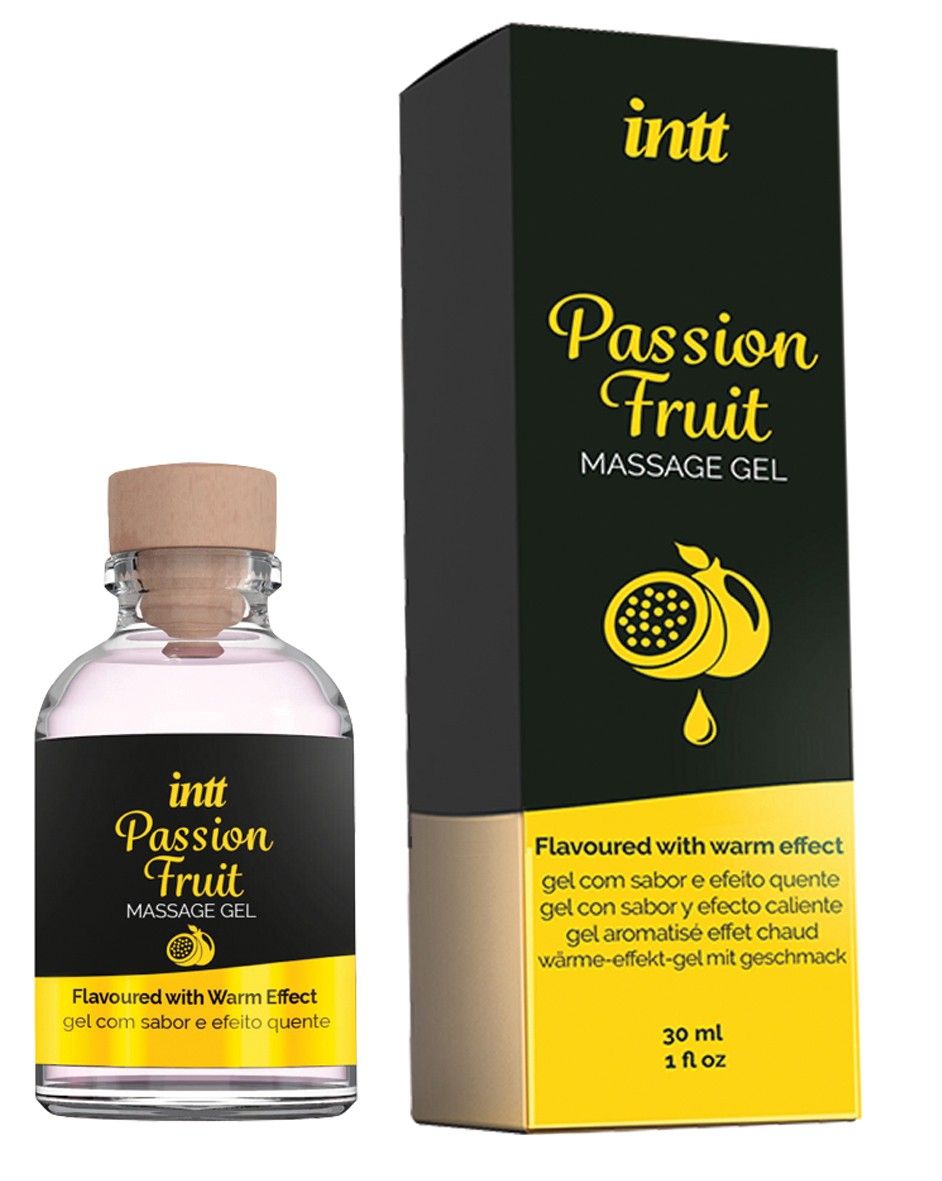 Flasche und Verpackung von Massagegel. Aufschrift: intt Passion Fruit Massage Gel. Mit warmem Effekt. 30 ml, 1 fl oz.