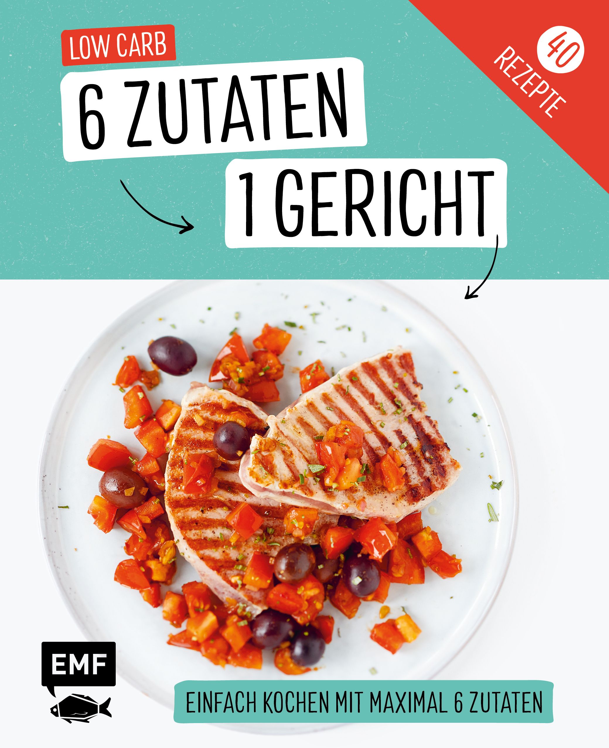 Teller mit gegrilltem Fisch, Tomaten, Oliven. Text: 6 Zutaten, 1 Gericht, Low Carb, 40 Rezepte. EMF-Logo.