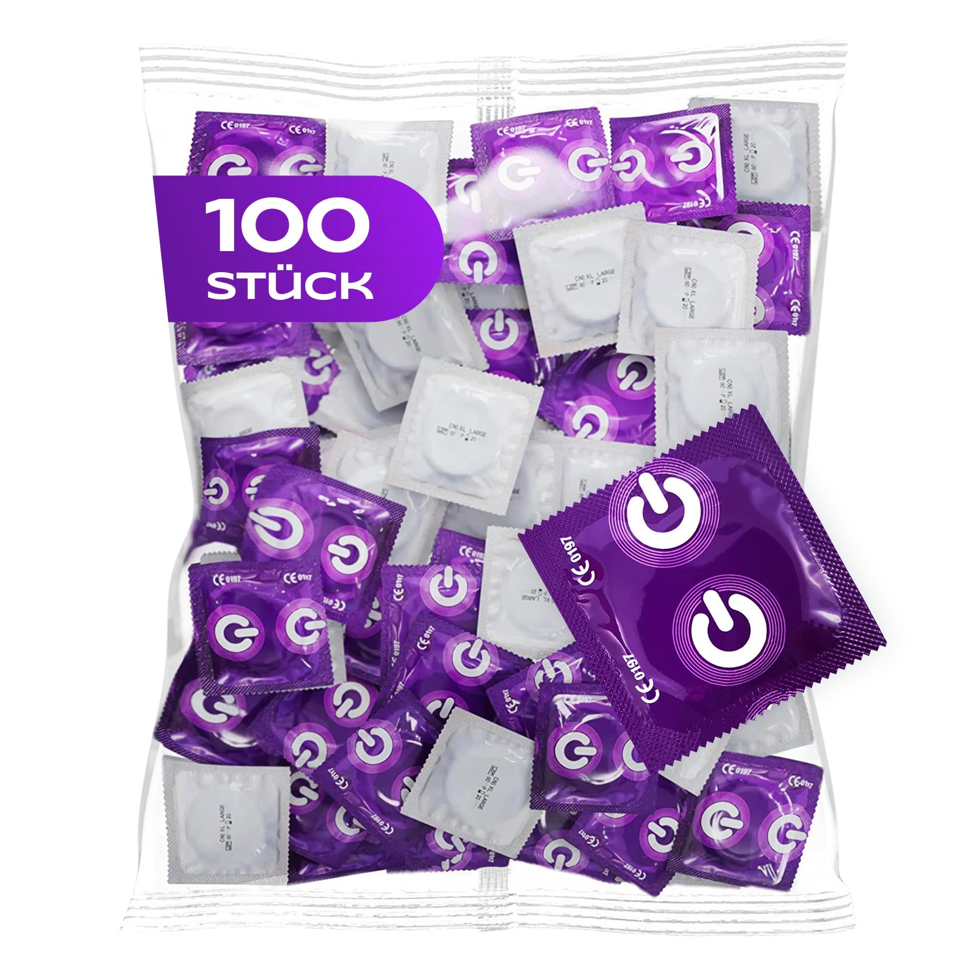 Packung mit 100 Kondomen, lila und weiß verpackt, mit Power-Button-Logo.