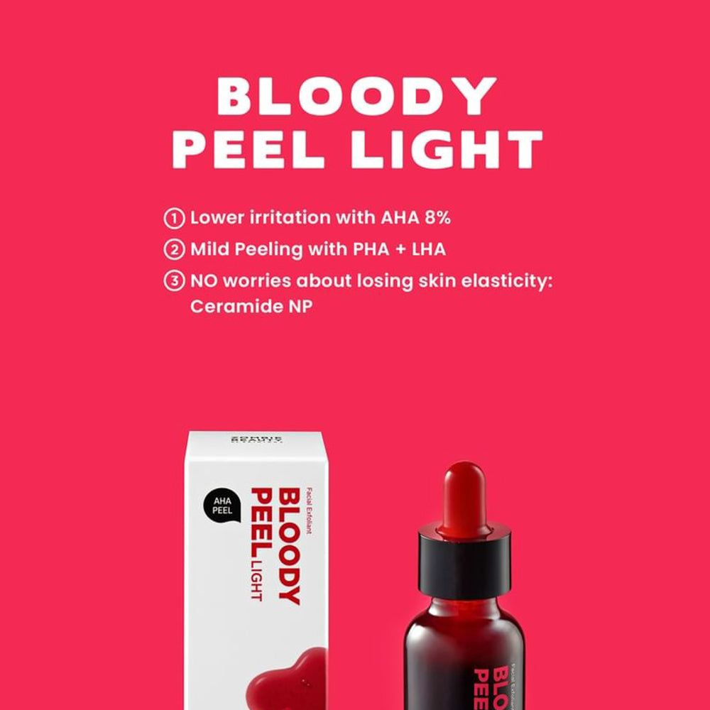 Produktverpackung und Flasche mit roter Flüssigkeit. Text: 'BLOODY PEEL LIGHT'. Aufzählungspunkte mit Produktvorteilen.