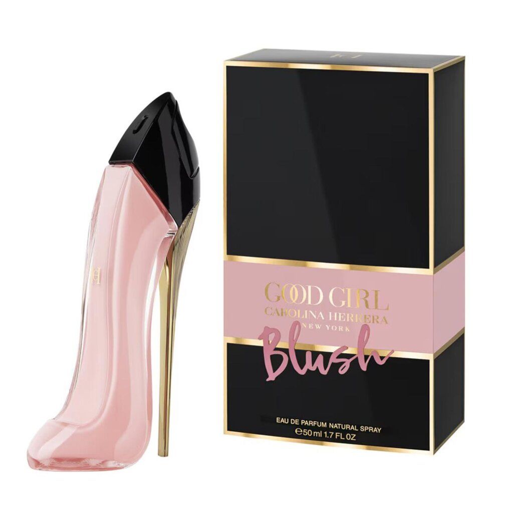 Carolina Herrera Good Girl Blush Eau de Parfum Flakon in Schuhform neben der schwarzen Verpackung.