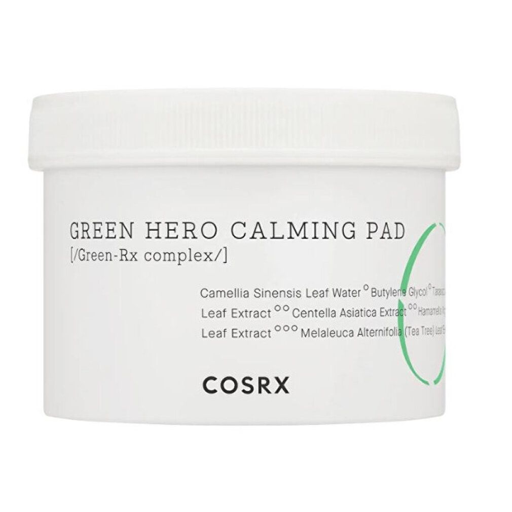 COSRX Green Hero Calming Pad in weißem Tiegel mit Deckel. Beschriftung mit Produktnamen und Inhaltsstoffen.