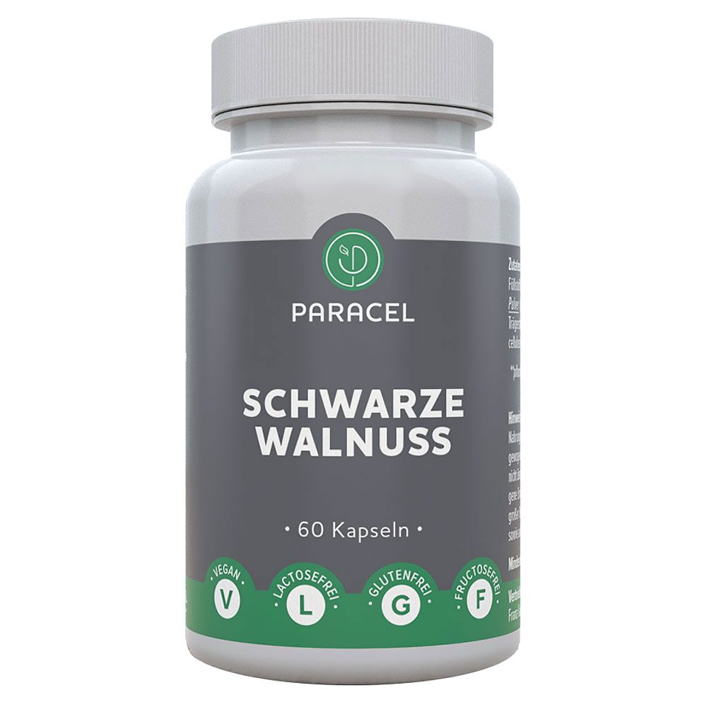 Weiße Flasche mit schwarzem Etikett. Aufschrift: PARACEL, SCHWARZE WALNUSS, 60 Kapseln. Vegan, laktosefrei, glutenfrei, fructosefrei.
