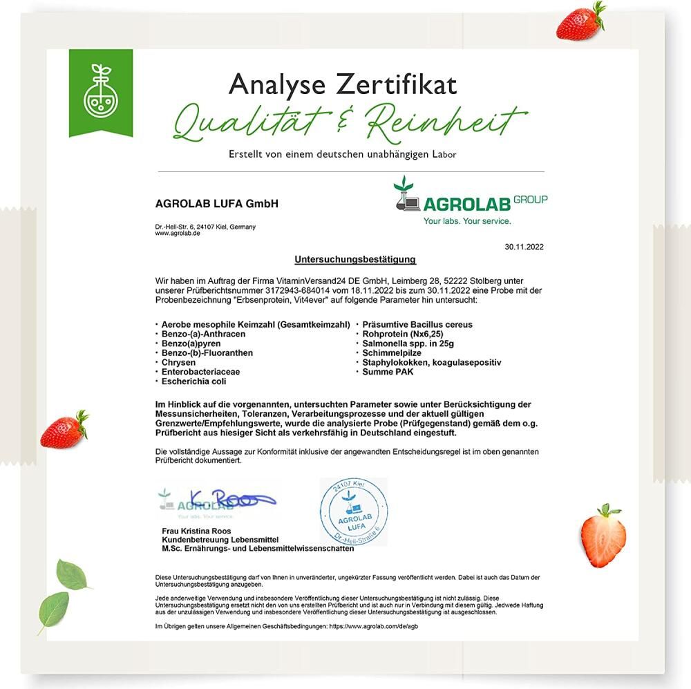 Zertifikat von Agrolab LUFA GmbH. Bestätigt Qualität und Reinheit von Erbsenprotein. Enthält Analyseergebnisse und Unterschriften.
