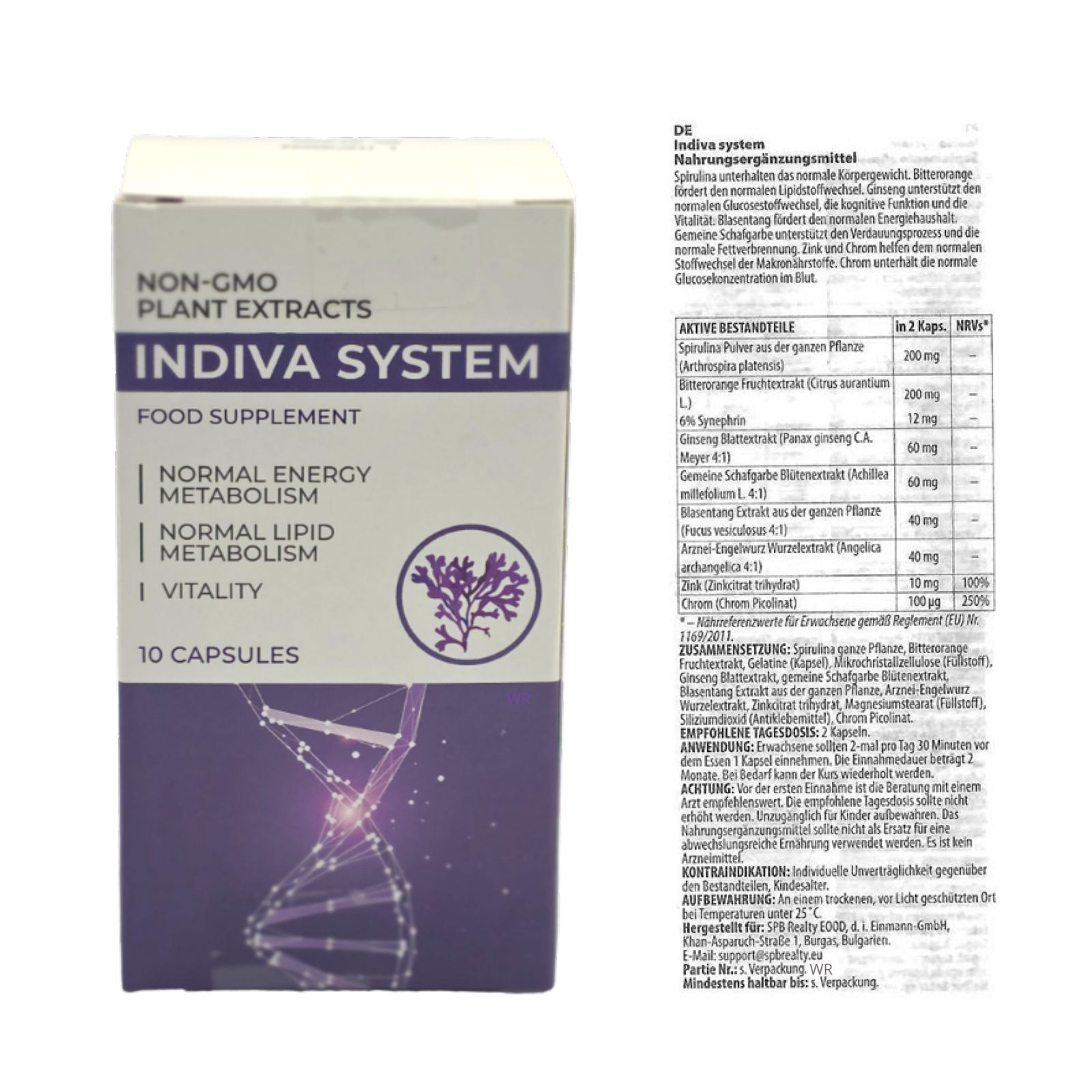 Schachtel mit "INDIVA SYSTEM"-Nahrungsergänzungsmittel und Beipackzettel. Aufschrift: "Normaler Energiestoffwechsel", "Normaler Lipidstoffwechsel", "Vitalität". Enthält 10 Kapseln. Beipackzettel mit Inhaltsstoffen.