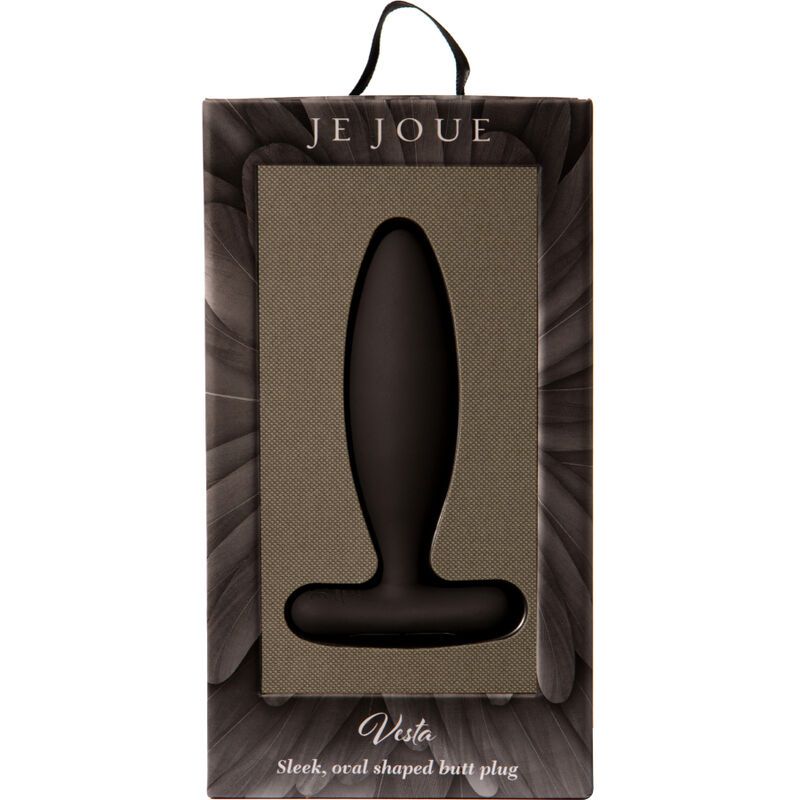 Verpackung. Schwarzes, ovales Stimulationsgerät in Aussparung. Marke: Je Joue, Produktname: Vesta.
