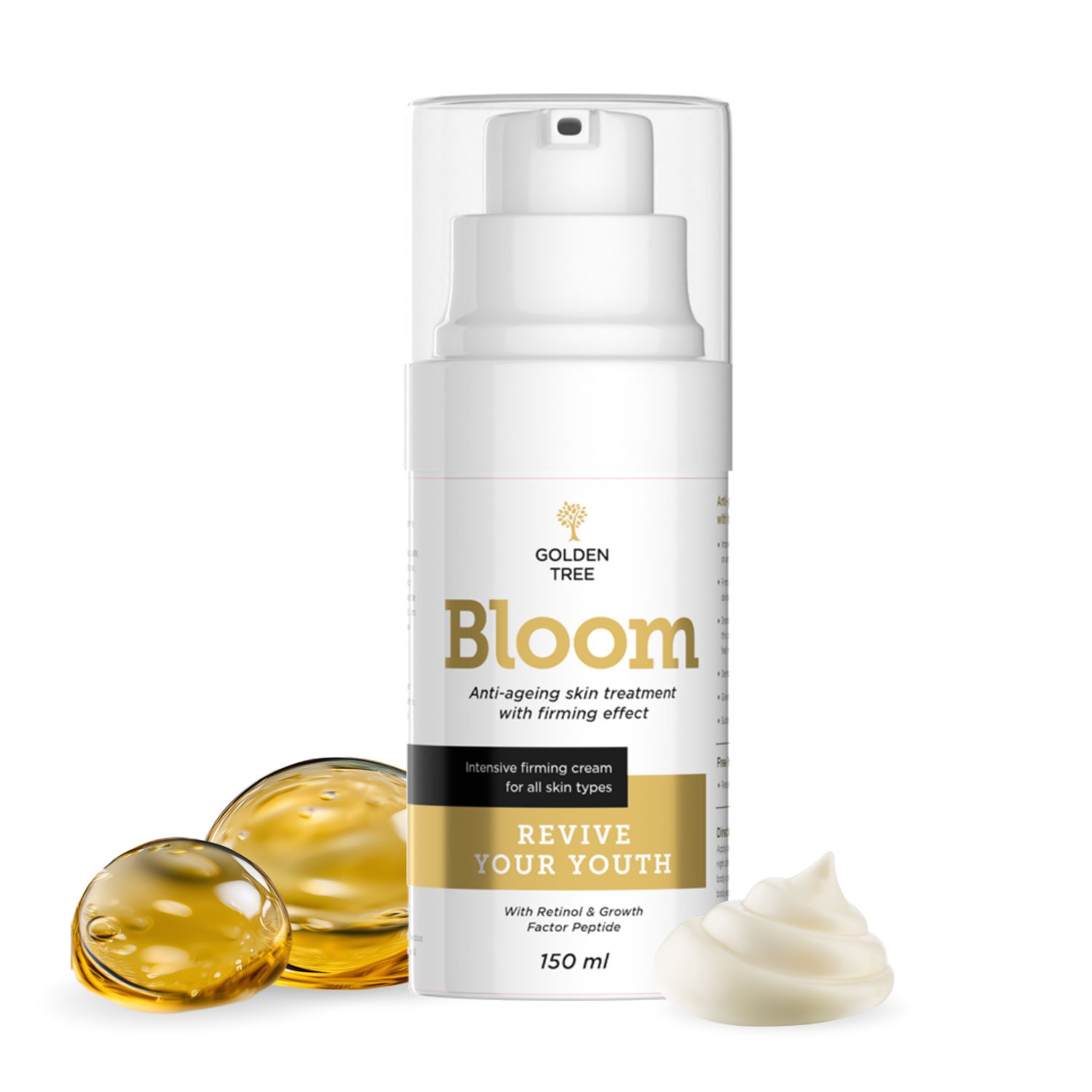 Golden Tree Bloom Anti-Aging Creme in weißer Spenderflasche mit klarem Deckel. Daneben Tropfen und eine Creme-Spur.