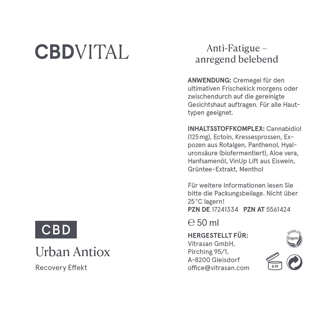 Weißes Produktetikett mit Text: CBD VITAL, CBD Urban Antiox, 50 ml. Enthält Inhaltsstoffkomplex und Herstellerinformationen.