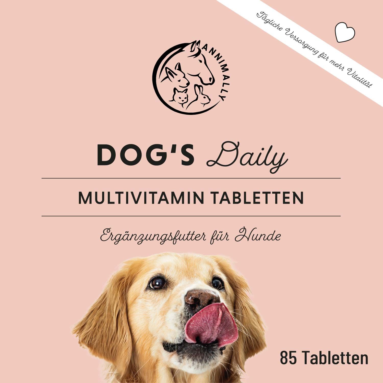Produkt-Werbung für DOG'S Daily Multivitamin Tabletten. Abgebildet ist ein Hund, der seine Zunge leckt. 85 Tabletten.