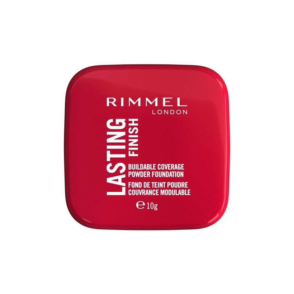 Rote Kompaktpuder-Verpackung. Aufschrift: Rimmel London, Lasting Finish, Buildable Coverage Powder Foundation, 10g.