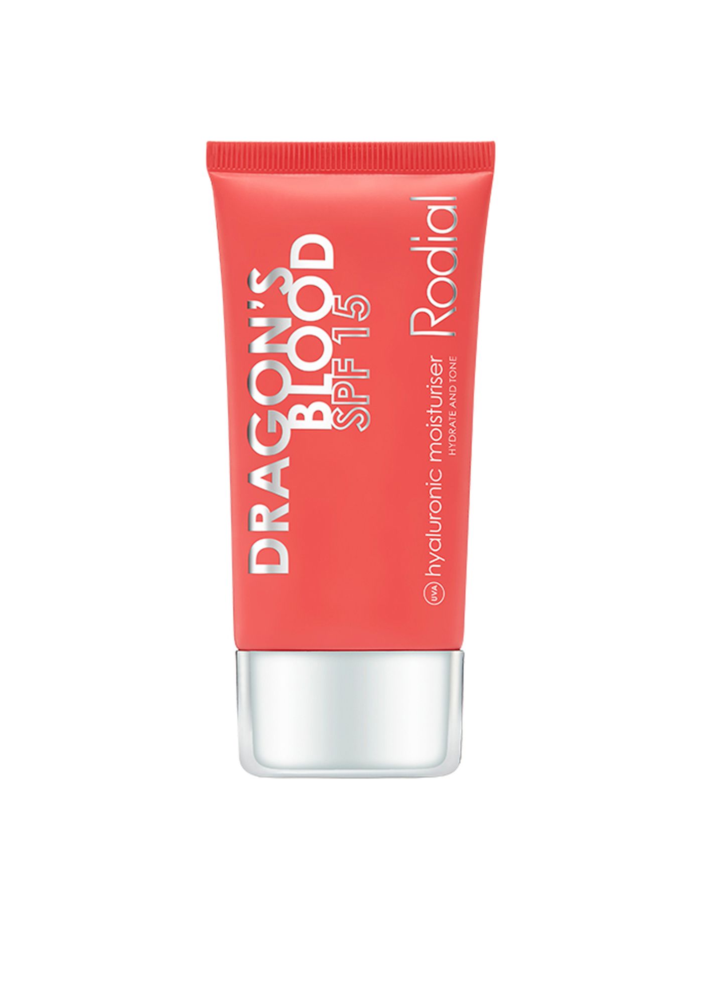 Rote Tube mit weißer Schrift. Aufschrift: DRAGON'S BLOOD SPF15, Rodial. Silberfarbener Verschluss. Produktname: Hyaluronic Moisturiser.