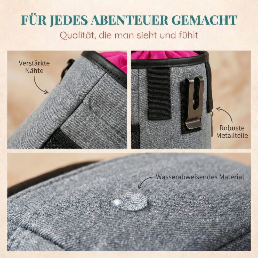 Nahaufnahmen des grauen Futterbeutels. Verstärkte Nähte, robuste Metallteile, wasserabweisendes Material. Pinkes Innenfutter.