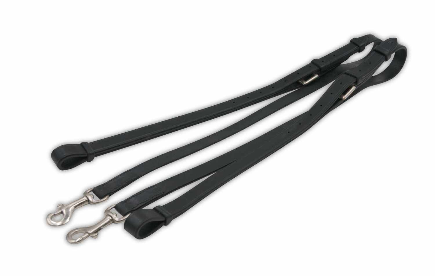 Schwarze Lederzügel mit Karabinerhaken.
