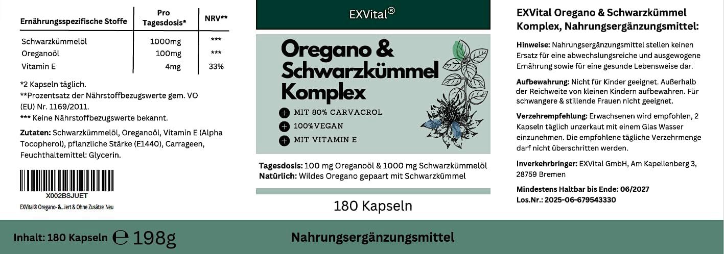 EXVital Testato in laboratorio: Zertifikat für Oregano & Cumino Nero Komplex, geprüft.