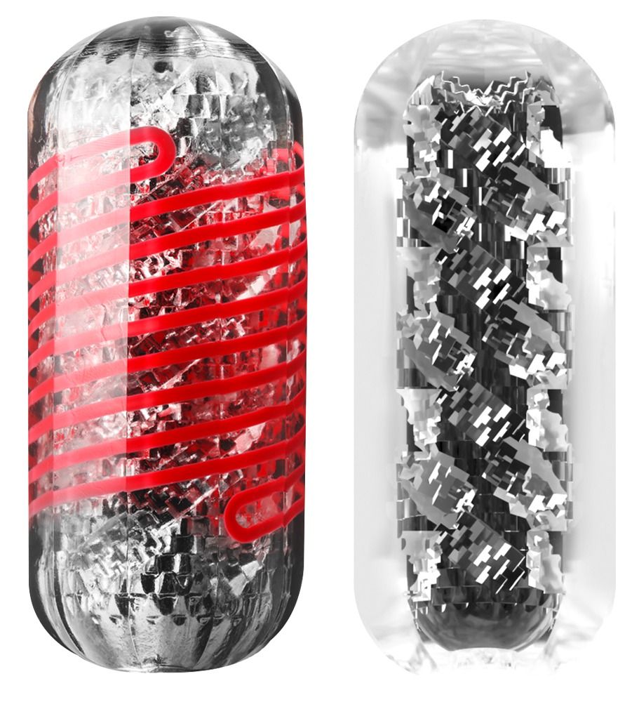 TENGA Spinner Deluxe Masturbator in silberner Hülle mit roten Spiralen und innenliegender Struktur.