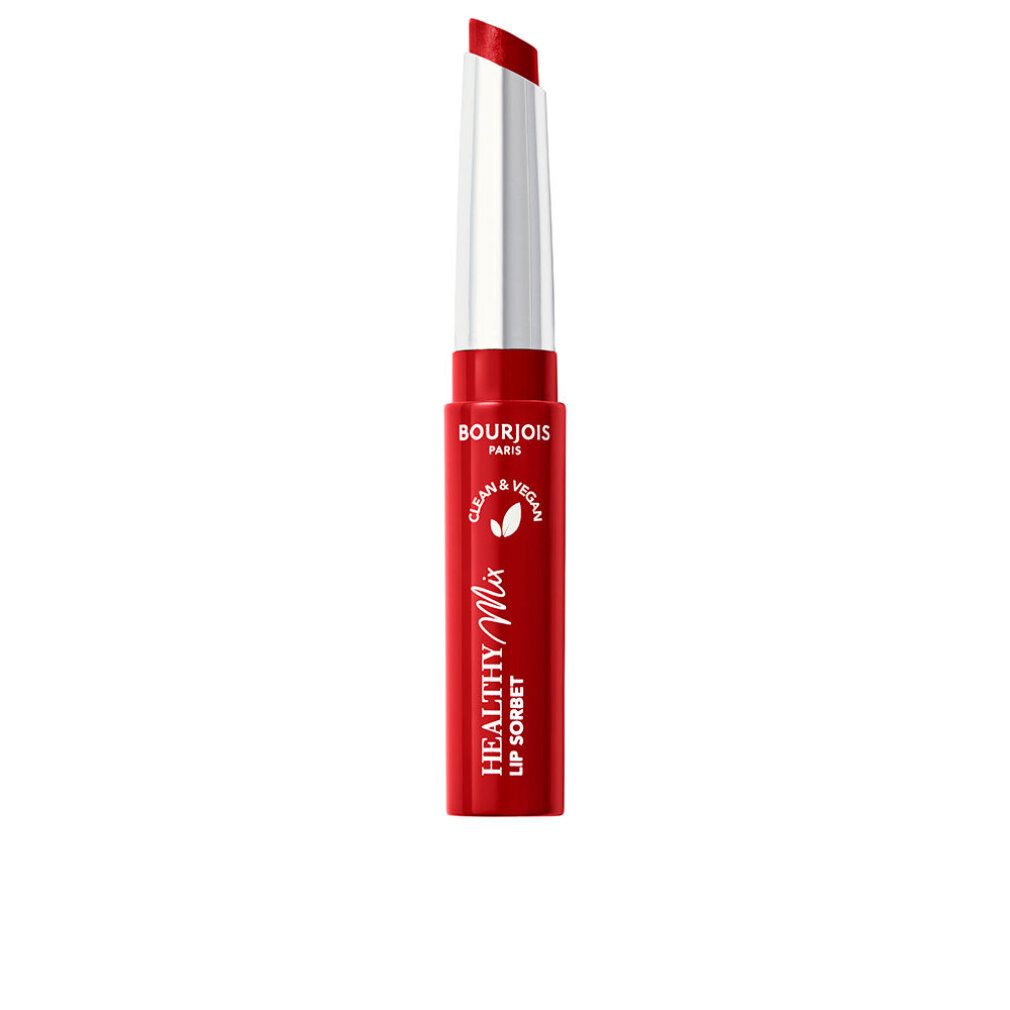Lippenstift in Kirschrot. Aufschrift: Bourjois Paris, Healthy Mix Lip Sorbet, Clean & Vegan.