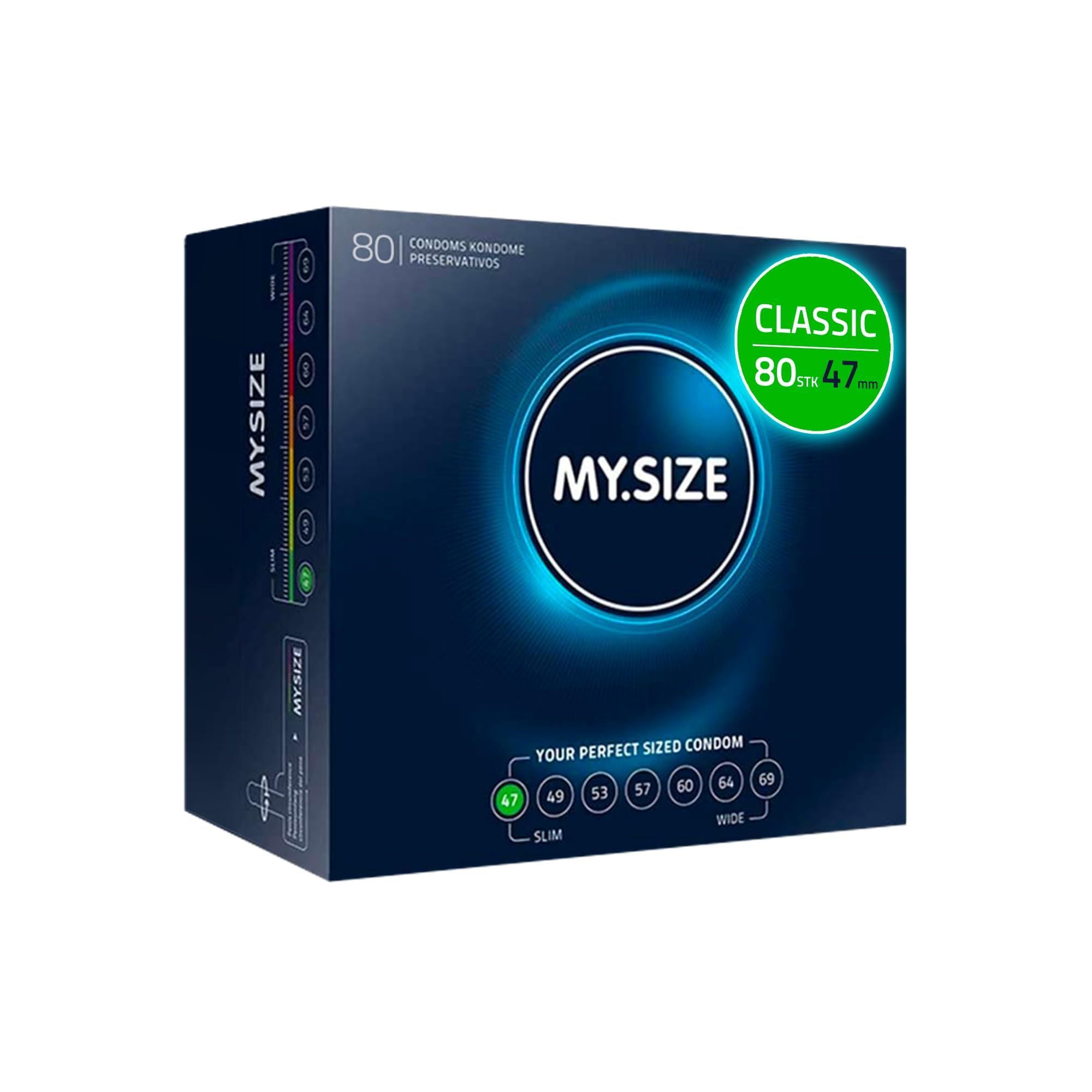 Verpackung mit 80 Kondomen, Größe 47. "CLASSIC 80x47". "YOUR PERFECT SIZED CONDOM". Größen 47-69.