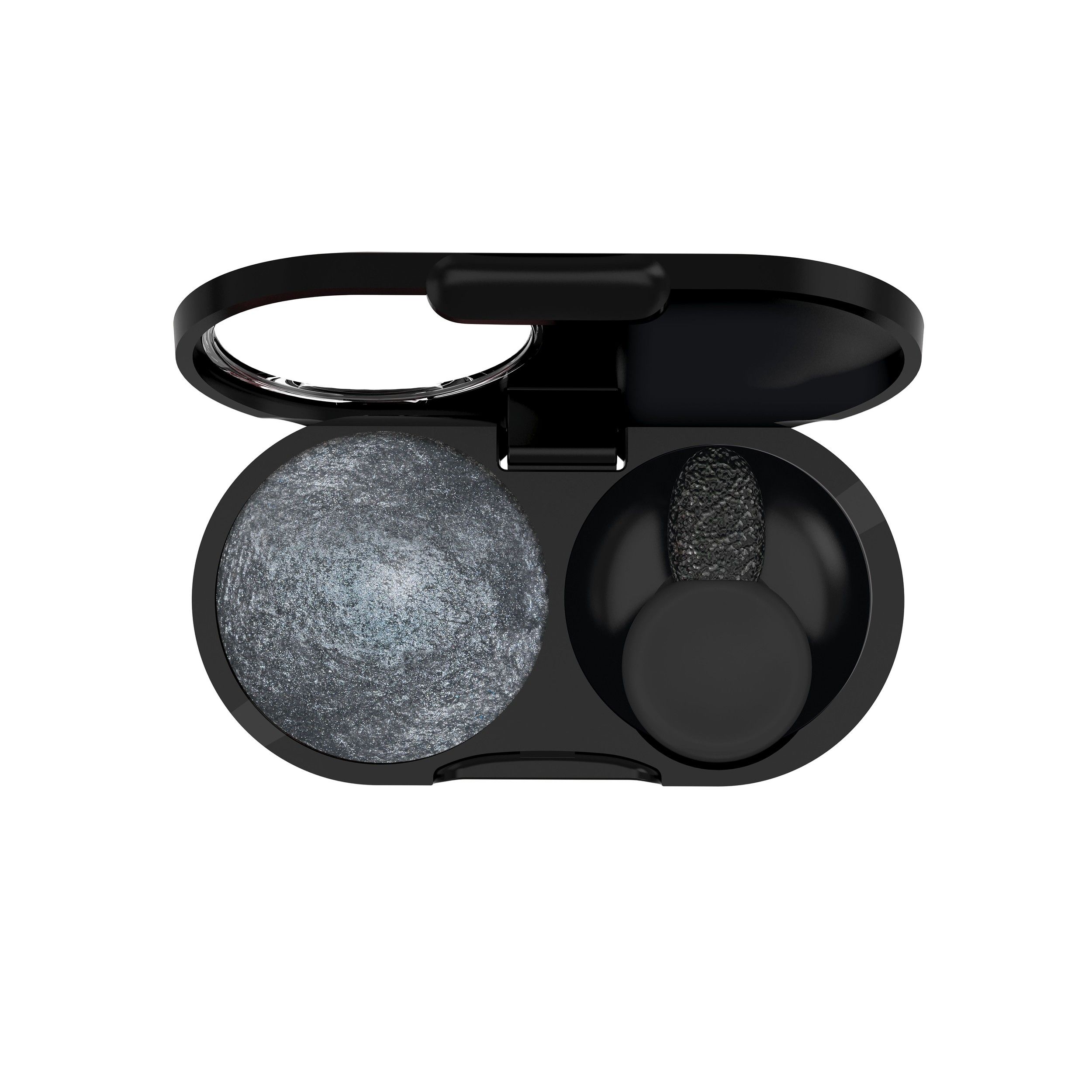 Schwarzes Kompakt-Lidschatten-Etui mit einem runden, grauen Lidschatten und einem Applikator.