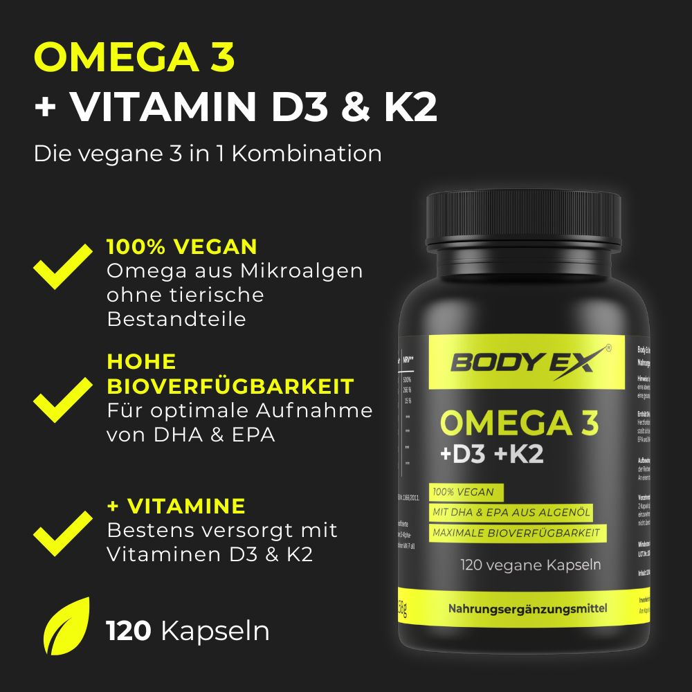 Body Ex® Omega 3 + D3 & K2 Kapseln, aus Algenöl, 100% vegan