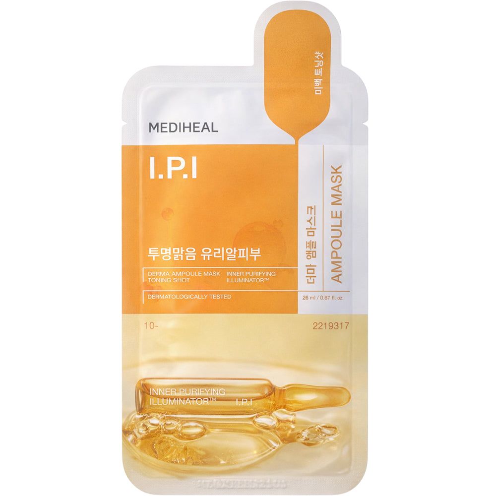 Verpackung der MEDIHEAL I.P.I Derma Ampoule Maske. Gelbe und weiße Verpackung mit Produktabbildung und Text.
