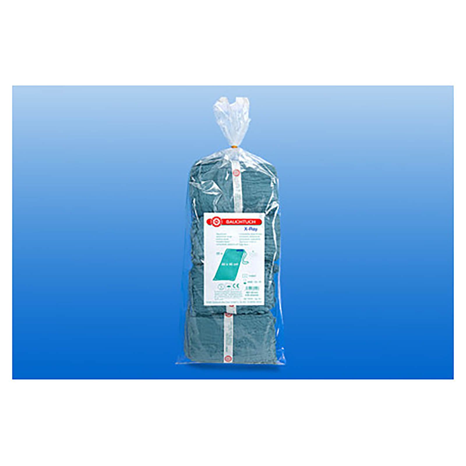 Verpackung mit grünen, vorgewaschenen Bauchtüchern. Sichtbar: Etikett mit Produktinformationen. Auf blauem Hintergrund.