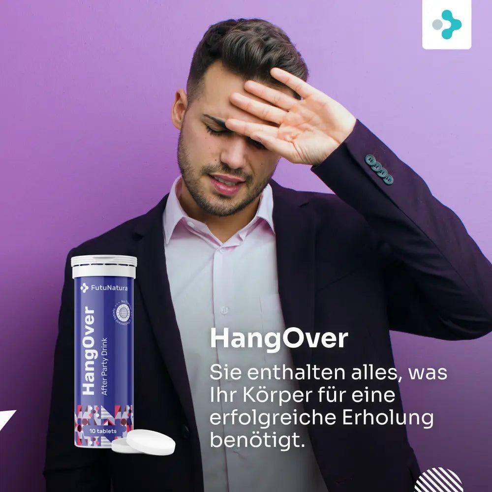 Mann mit Kopfschmerzen. Tube mit HangOver-Tabletten. Enthält alles, was Ihr Körper für eine erfolgreiche Erholung benötigt.