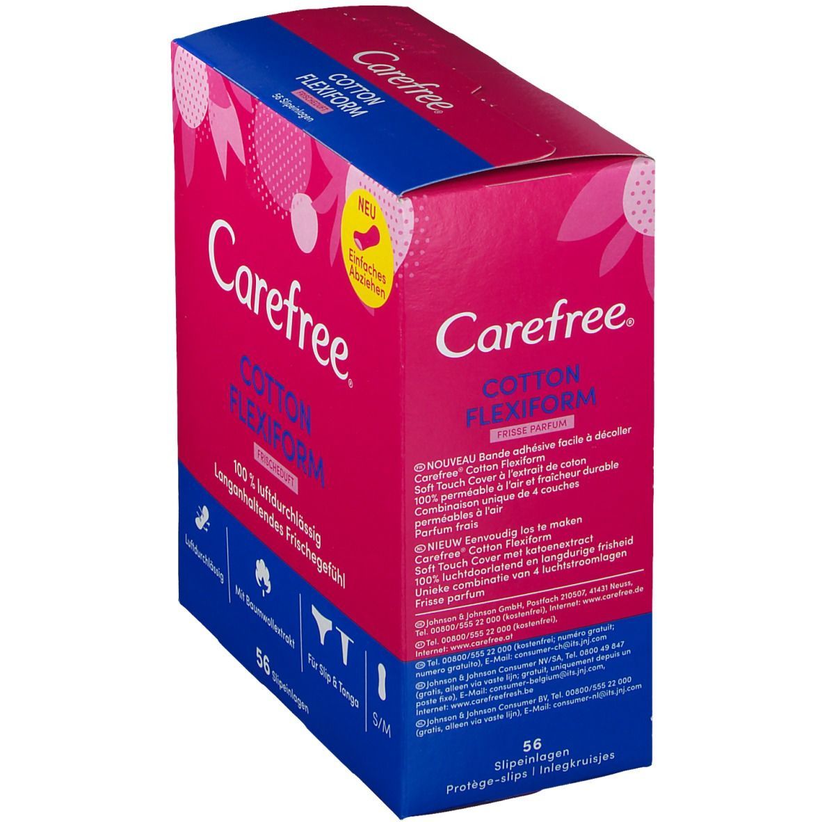 Carefree Cotton Flexiform Packung. Rosa-blaue Verpackung mit Produktinformationen und 56 Slipeinlagen. Mit Frischeduft.