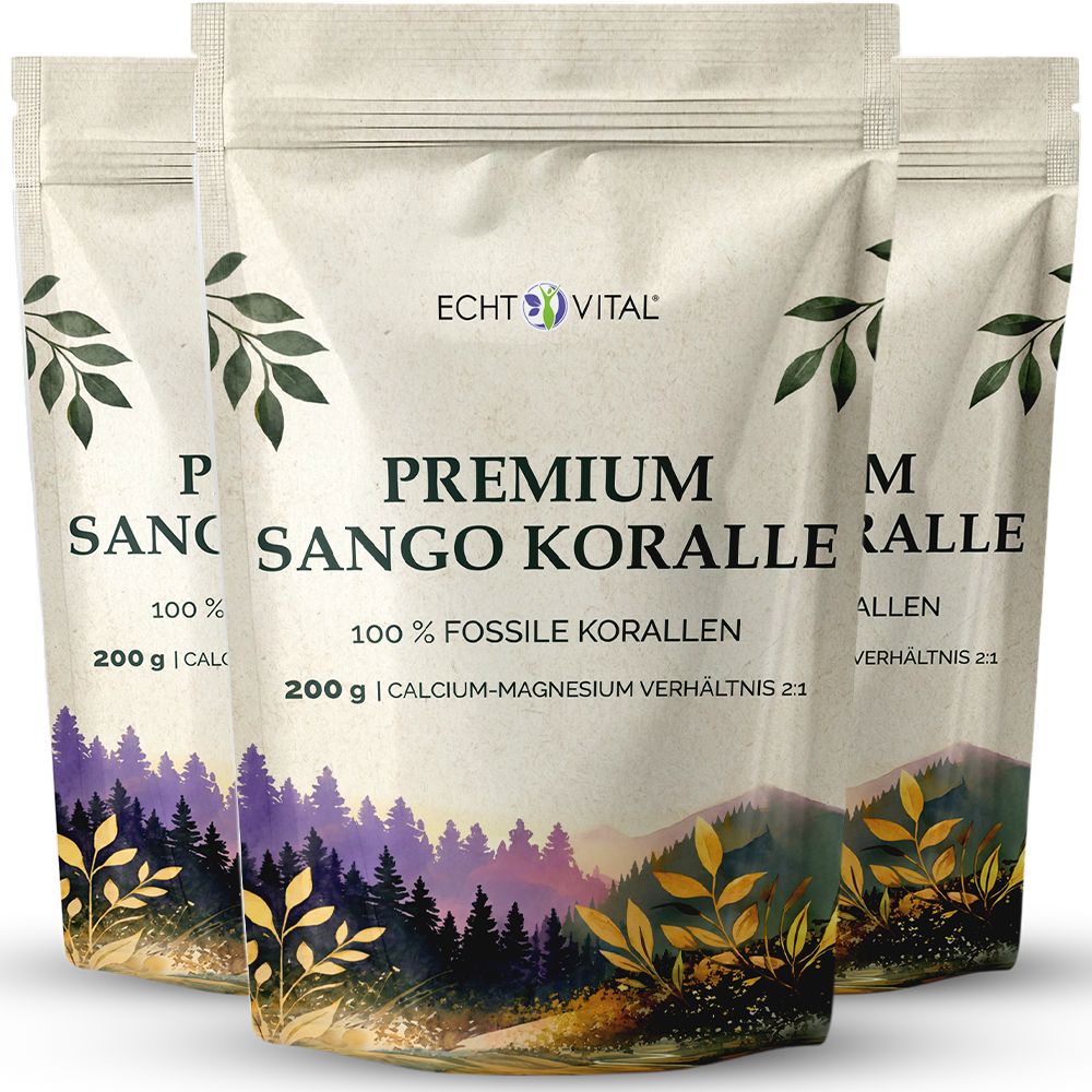 Drei Beutel Echt Vital Sango Koralle Pulver, 200g, 100% fossile Korallen.