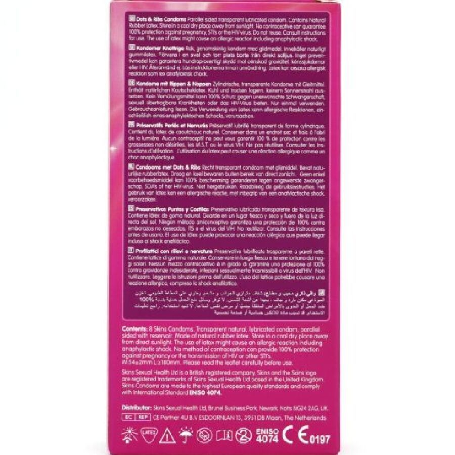 Rückseite einer rosa Verpackung mit Text in mehreren Sprachen. Enthält Informationen zu SKINS Dots & Ribs Kondomen.