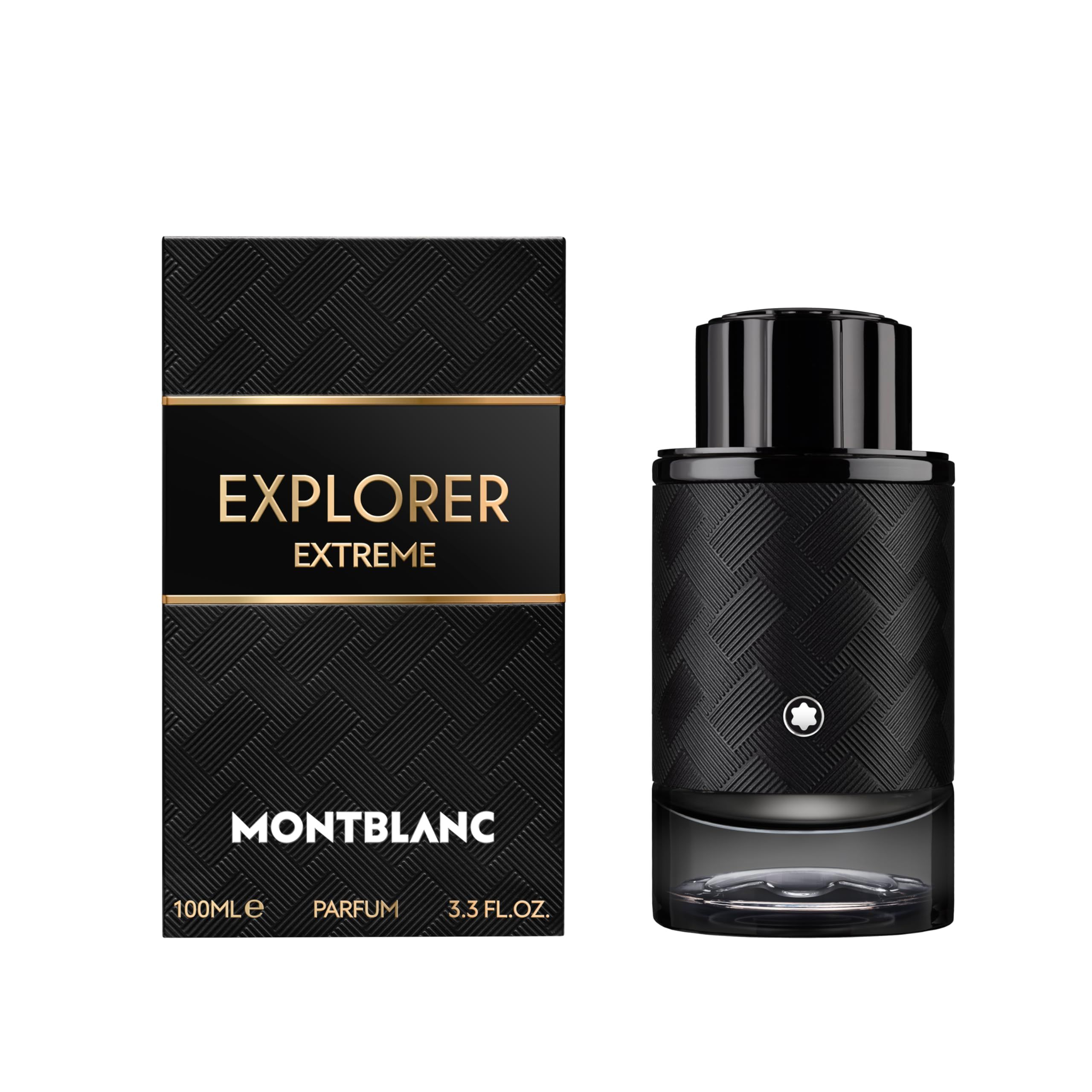Schwarzer Flakon und Verpackung. Aufschrift EXPLORER EXTREME und MONTBLANC. Flakon mit schwarzem Deckel und silbernem Logo.