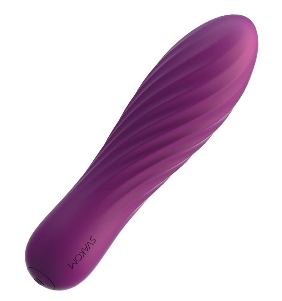 Lila Vibrator mit spiralförmiger Textur. Der Markenname SVAKOM ist am unteren Ende zu sehen.