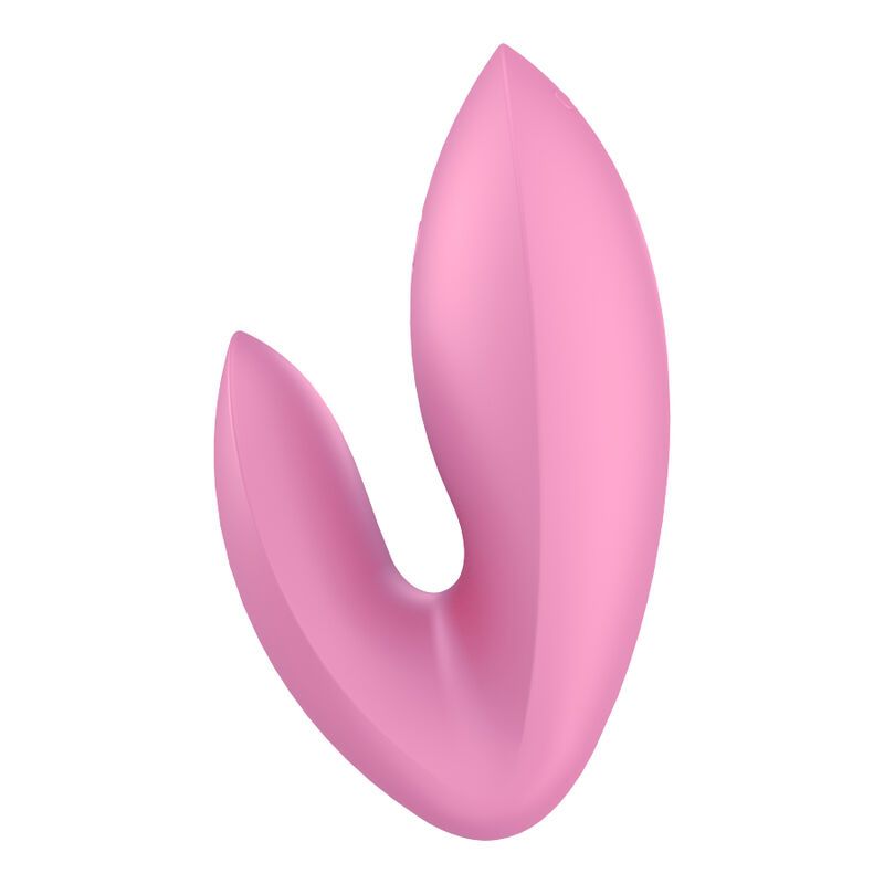 Rosa Finger-Vibrator. Geschwungene Form mit abgerundeten Enden. Glatte Oberfläche.