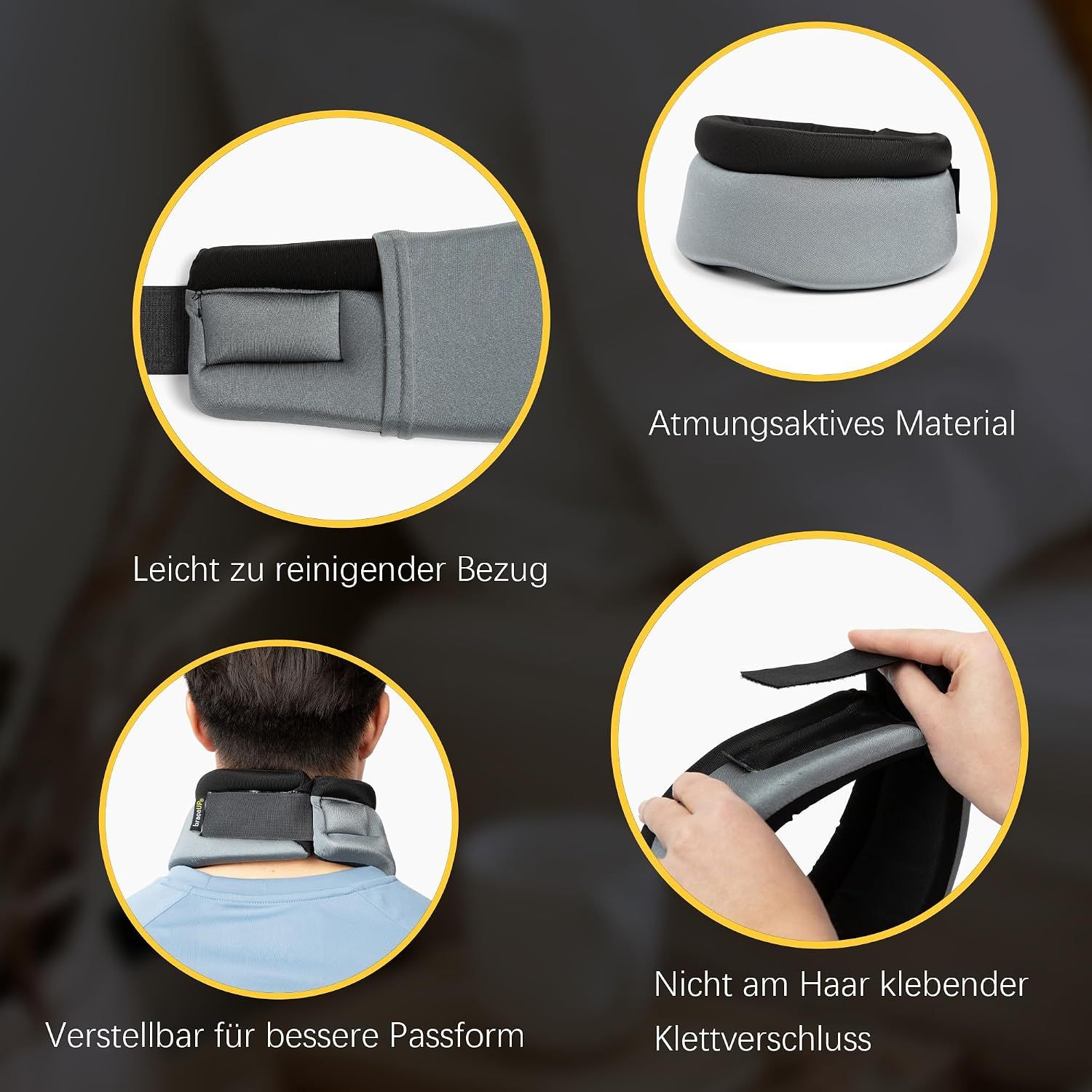 Details eines Nackenschutzes: atmungsaktives Material, leicht zu reinigender Bezug, verstellbar, Klettverschluss.