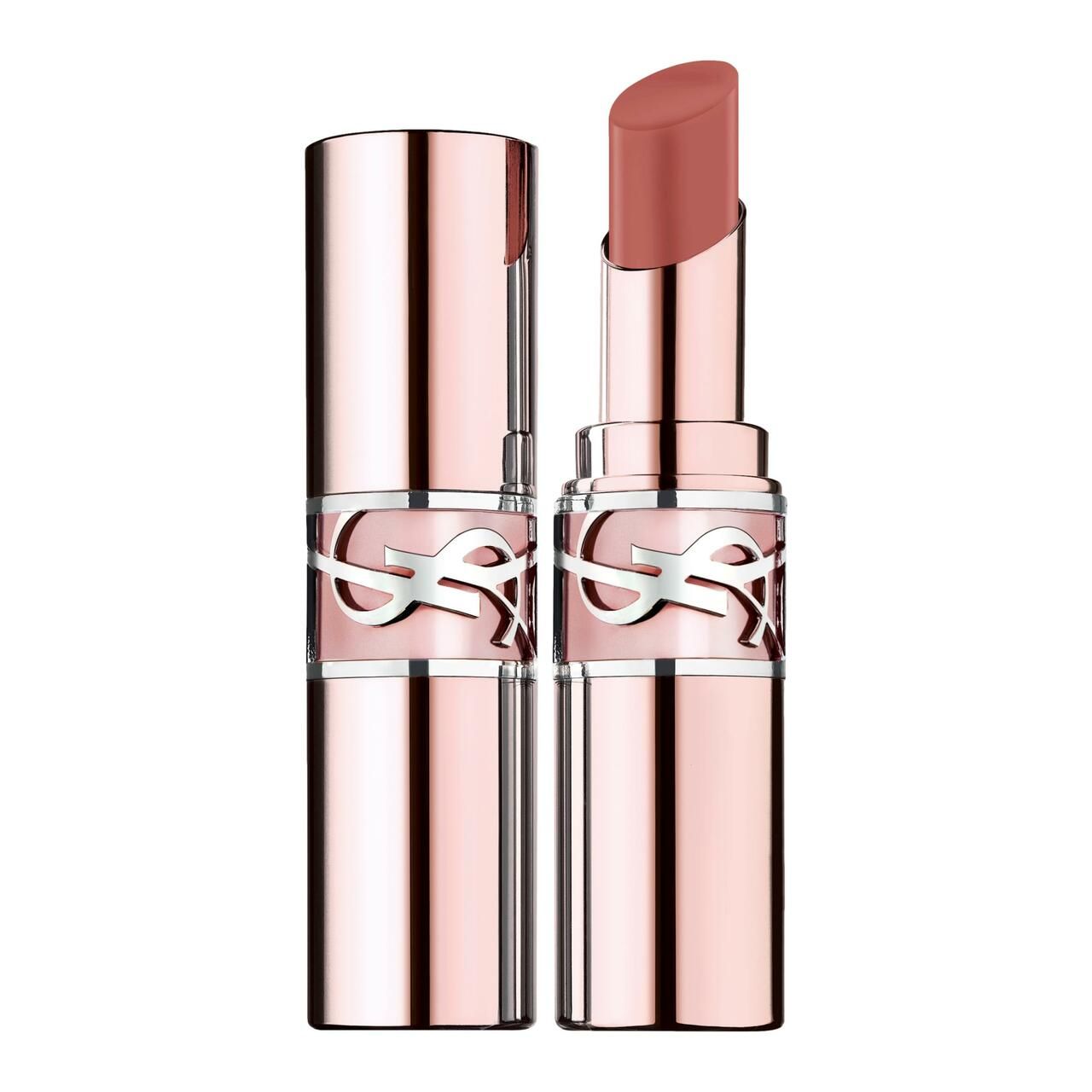 Zwei Lippenbalsam-Stifte. Einer geöffnet, der andere geschlossen. Beide in roségoldfarbenen Hüllen mit YSL-Logo. Der geöffnete Stift zeigt einen rosafarbenen Balsam.