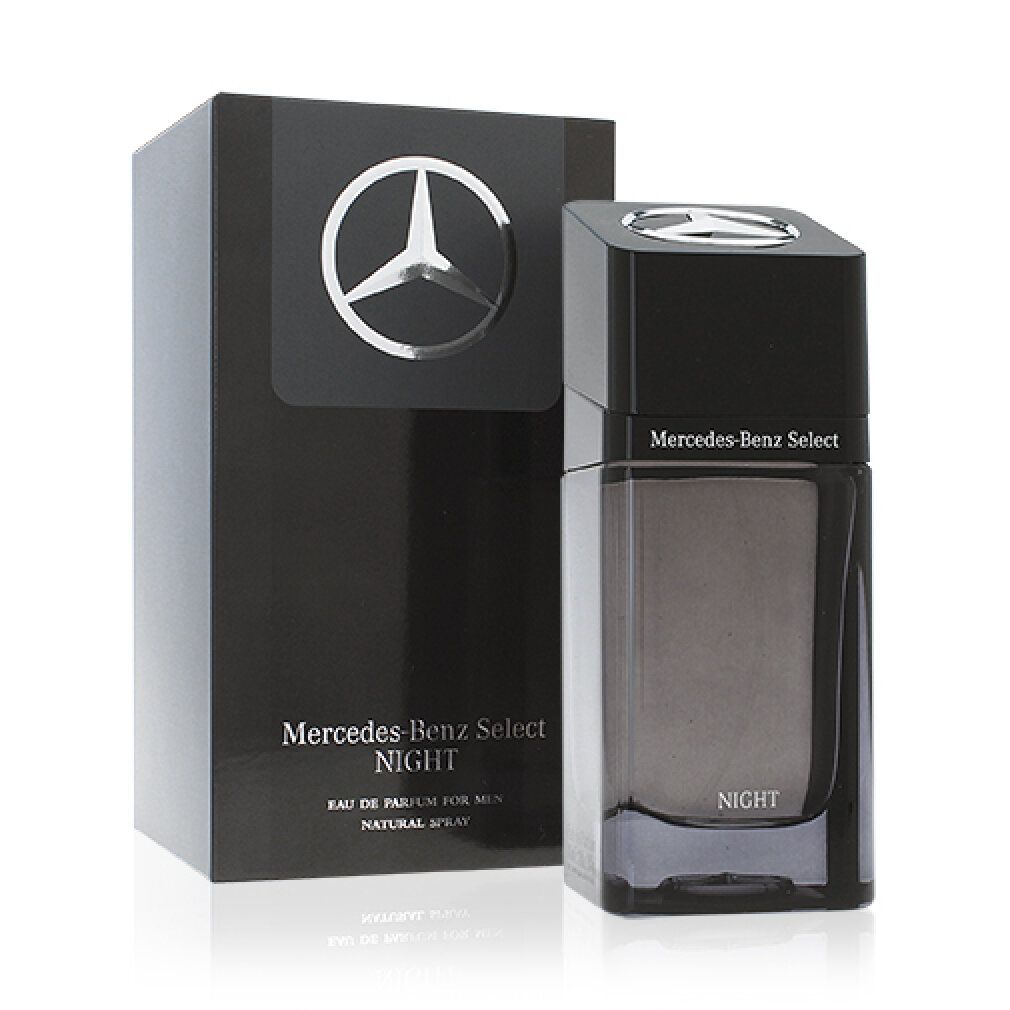 Schwarze Schachtel und Flakon. Mercedes-Benz Logo und Produktbezeichnung: Mercedes-Benz Select Night. Flakon in rechteckiger Form.