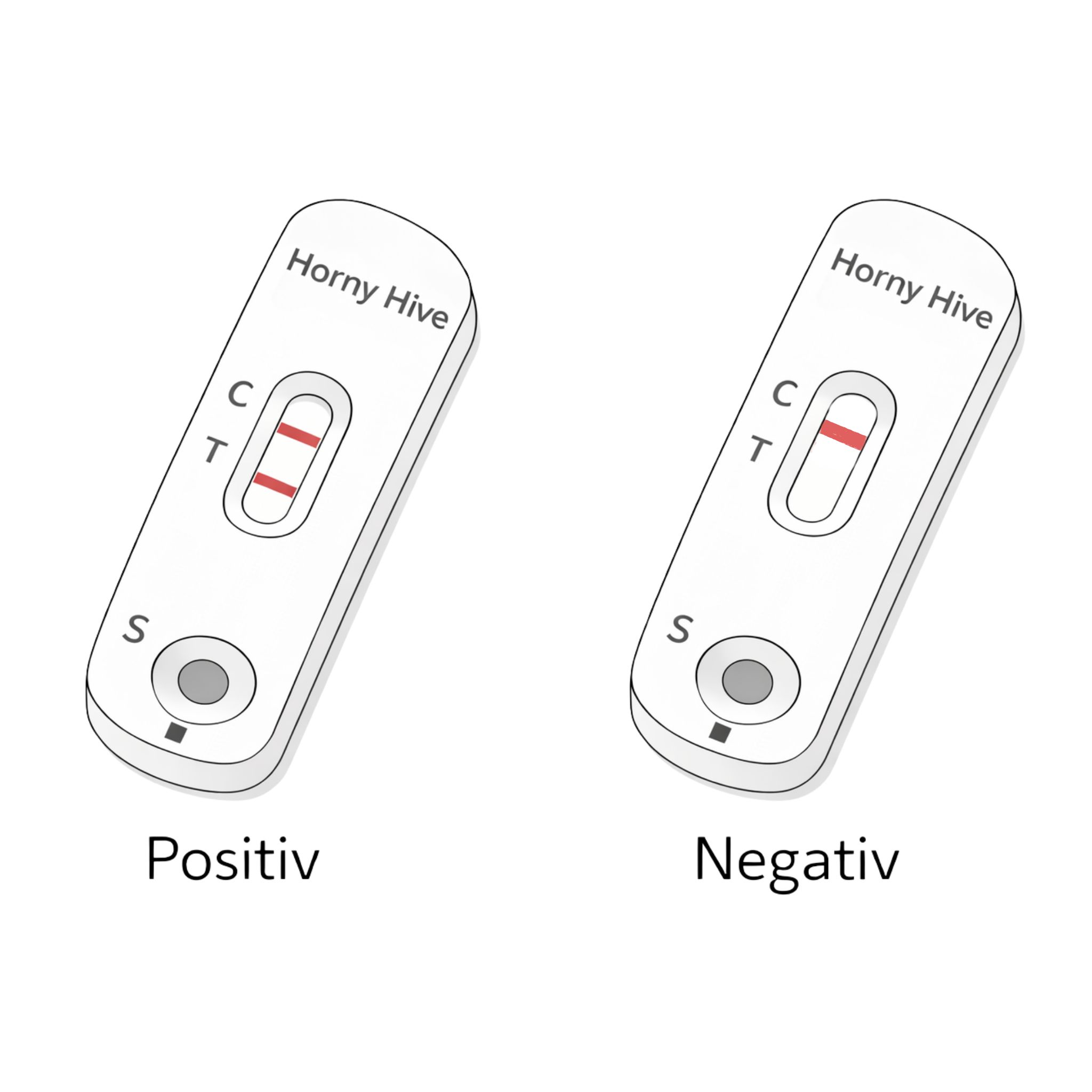 Zwei HIV-Testkassetten. Eine positiv, eine negativ. Text: Positiv, Negativ. Marke: Horny Hive.