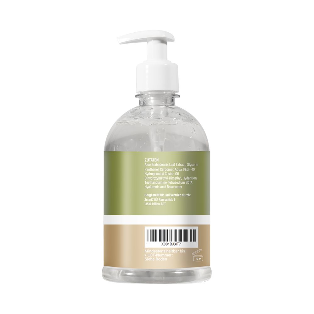 Rückseite der Enolenia® Aloe Vera Gel Flasche mit Inhaltsstoffliste und Barcode.