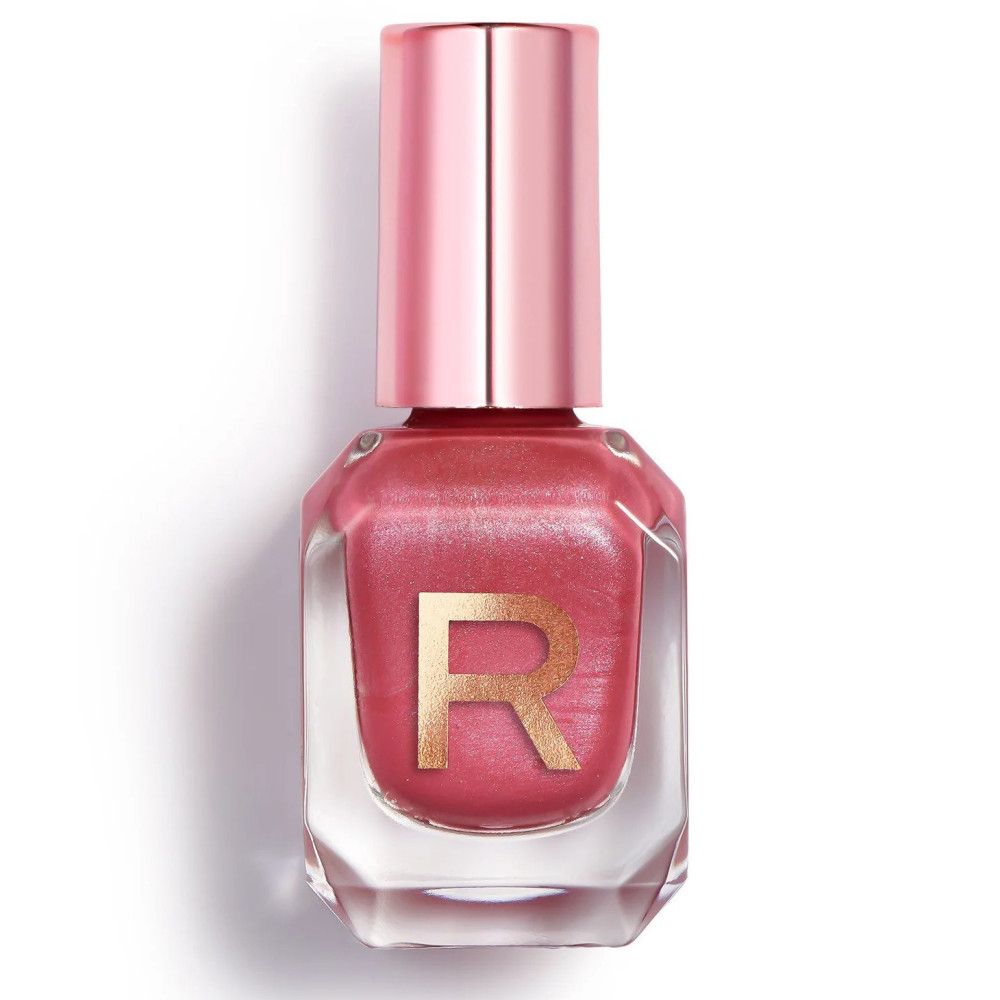 Ein Fläschchen schimmernder Nagellack in Roségold mit einem goldenen 'R'-Logo und einem roségoldenen Deckel.