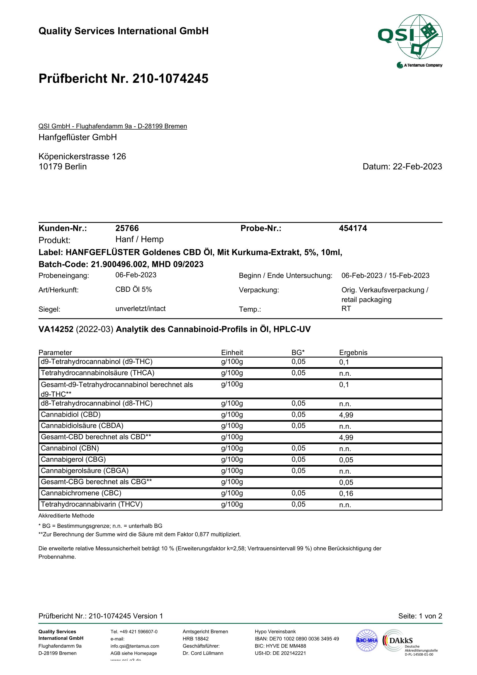 Prüfbericht für HANFGEFLÜSTER Goldenes CBD Öl. Enthält Informationen zu Analyseergebnissen und Cannabinoid-Profilen.