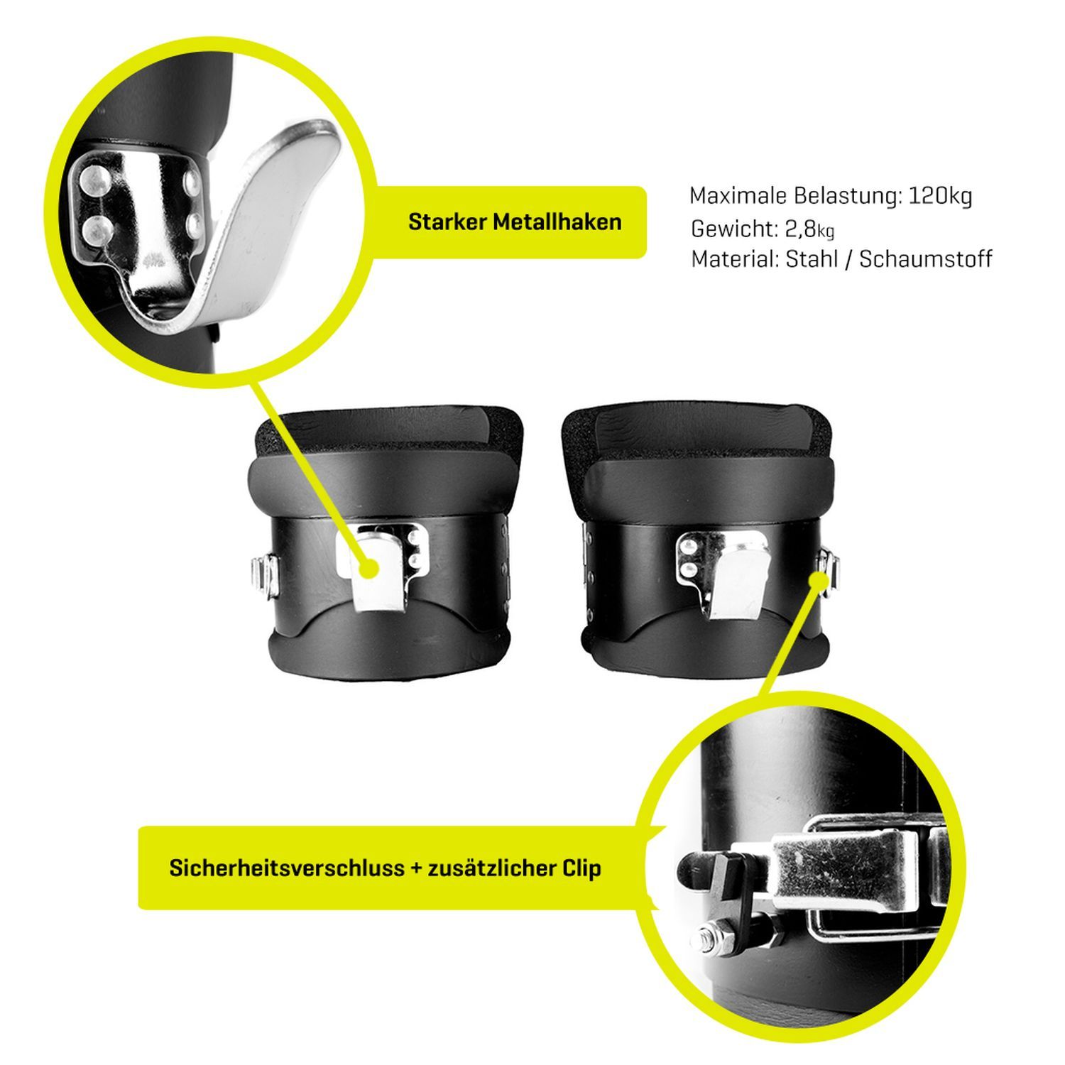 Zwei Gravity Boots mit Text: Starker Metallhaken, Sicherheitsverschluss + zusätzlicher Clip. Text: Maximale Belastung: 120kg.