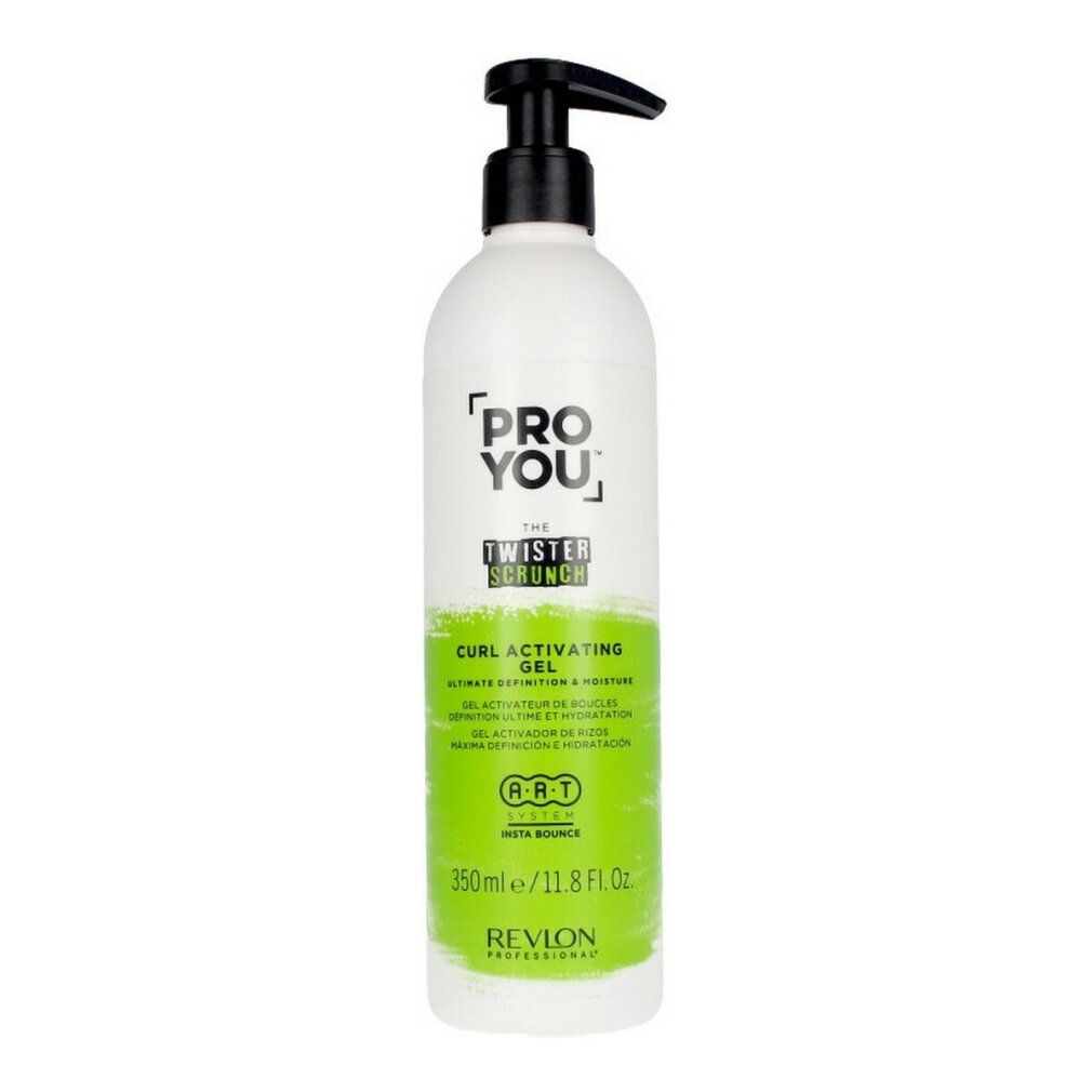 Weißer Flakon mit schwarzem Pumpkopf. Aufschrift: PRO YOU, THE TWISTER SCRUNCH, CURL ACTIVATING GEL. Grüne Akzente. 350ml/11.8 Fl. Oz. Revlon Professional.