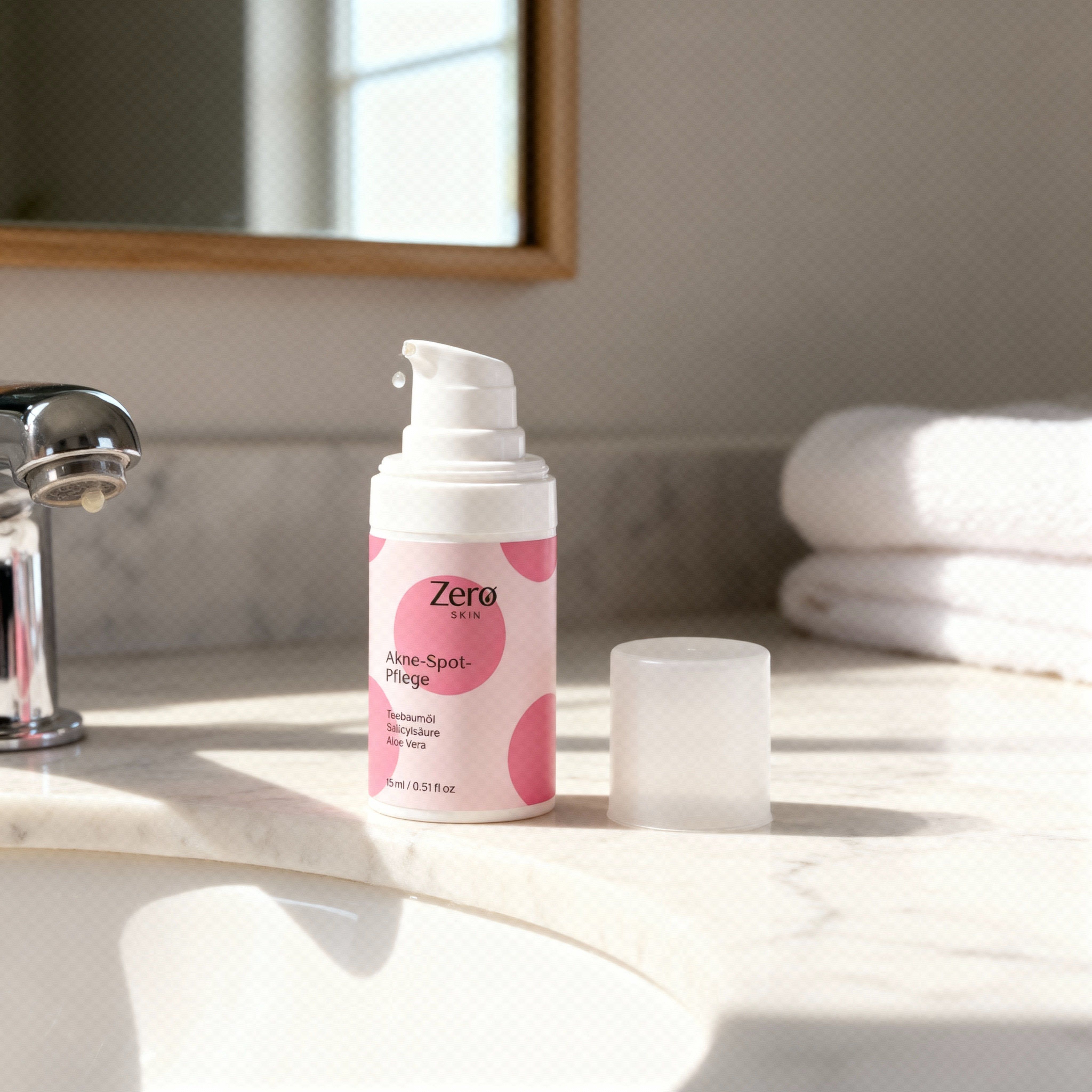 Zero Skin Akne-Spot-Pflege Flasche neben einem Waschbecken mit Handtüchern.