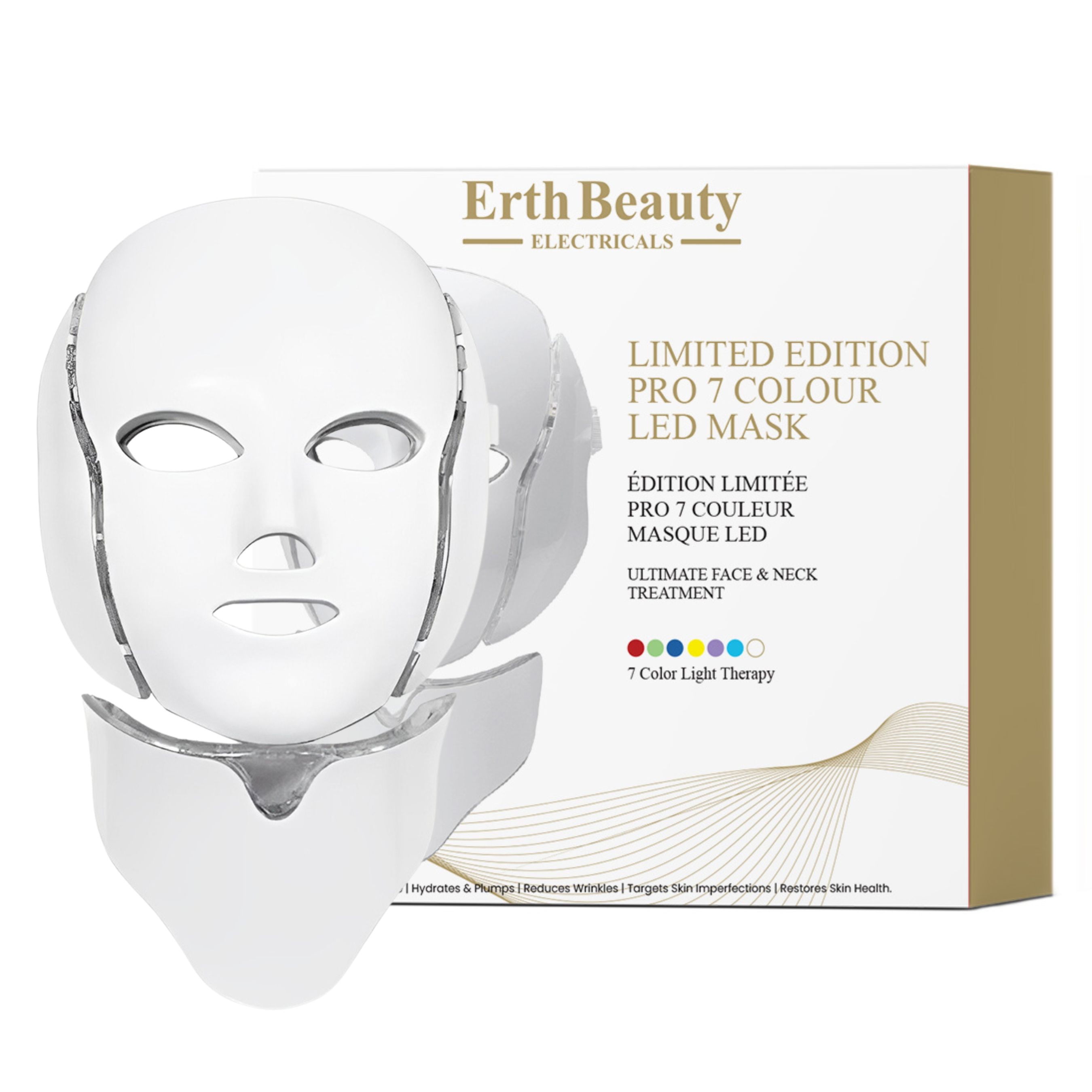 Weiße LED-Gesichtsmaske und Verpackung mit 7-Farben-Therapie-Aufdruck.